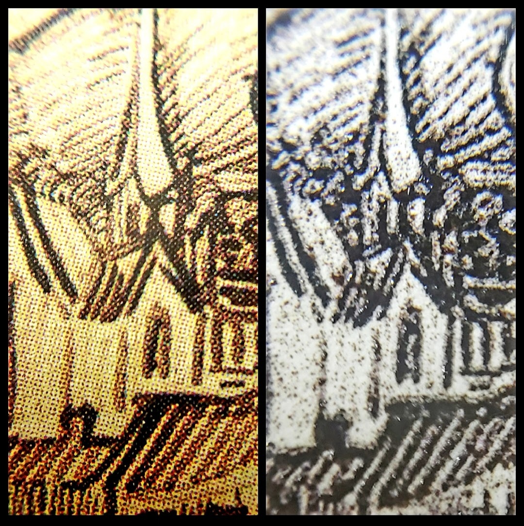 Side by side comparison: offset image precursor left, iron gall print right